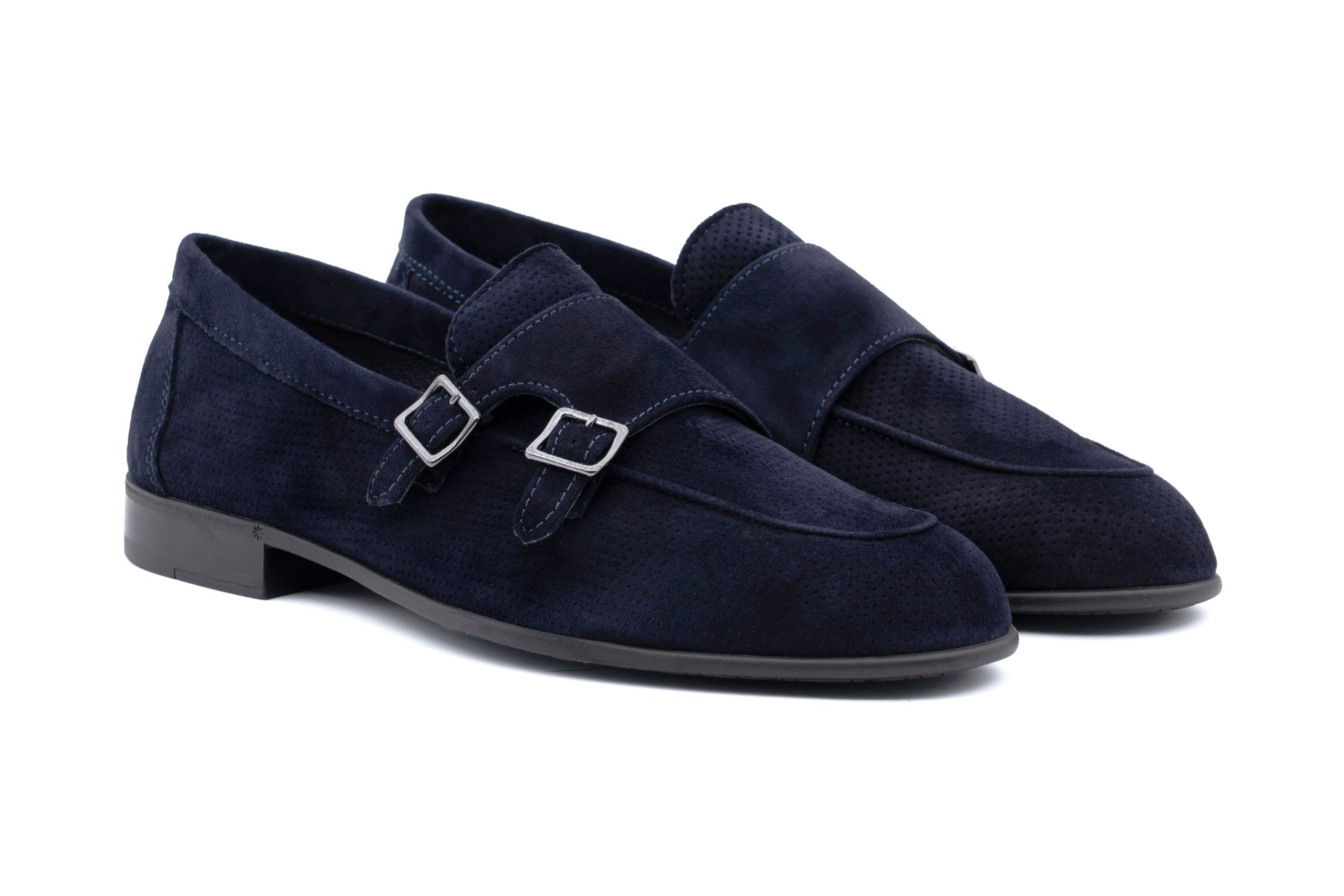 Mocassino doppia fibbia in suede microforato